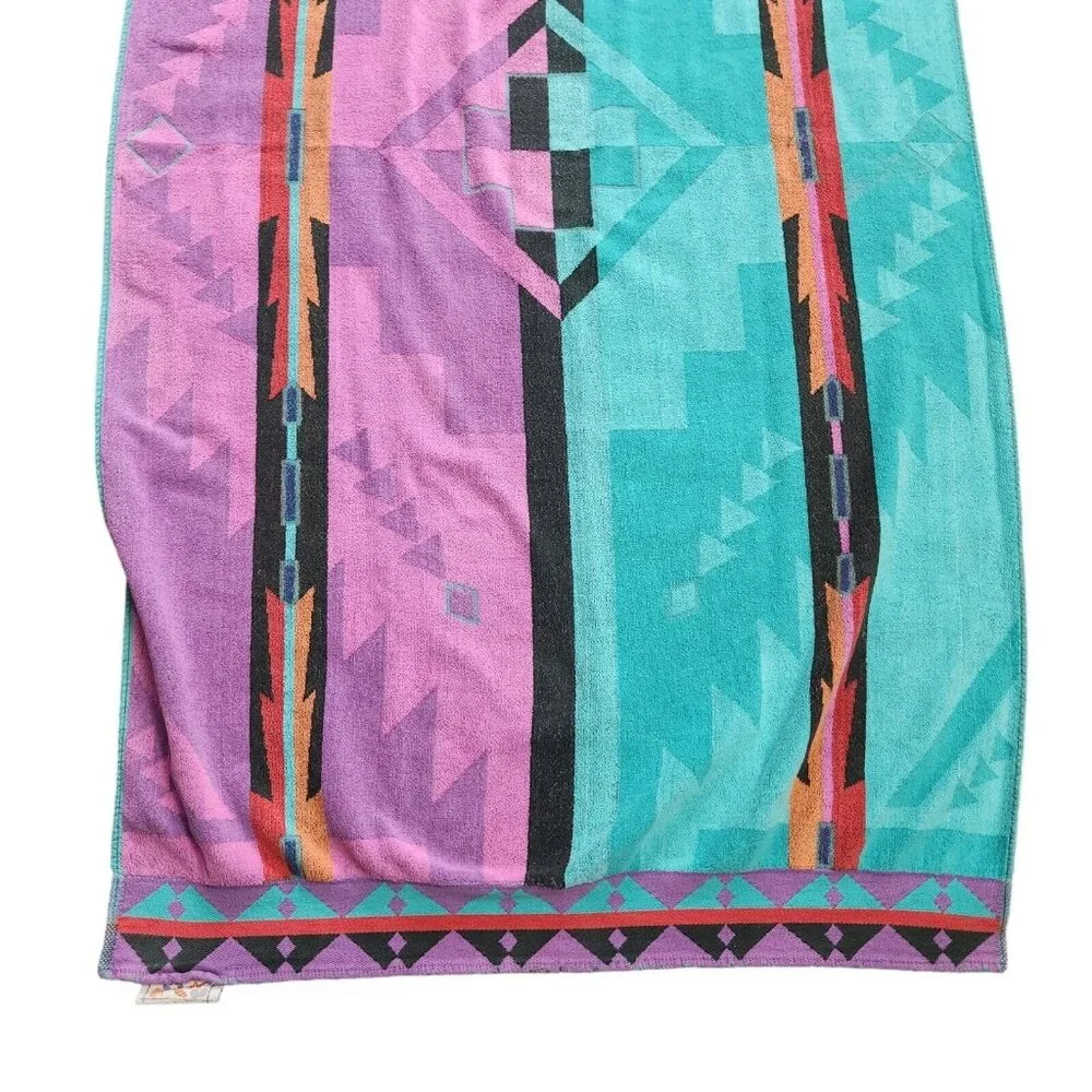 Vintage 80’s Royal Terry Beach Bath Towel Southwest Tribal Turquoise Teal